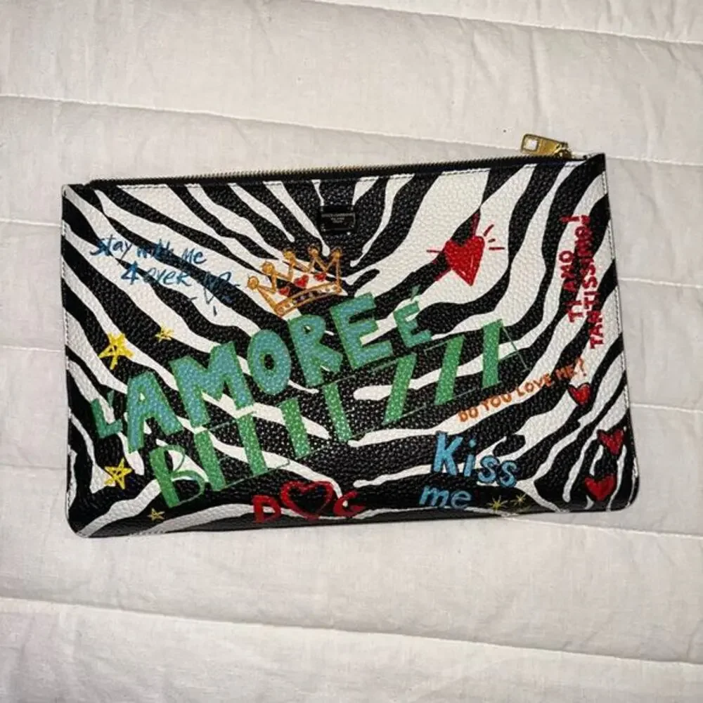 DOLCE & GABBANA Calfskin Zebra Graffiti Print Cleo Crossbody Pouch Multicolor